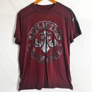 Affliction Live Fast Red T Shirt Men Large Felt Spell Out PEELING OFF Well Worn